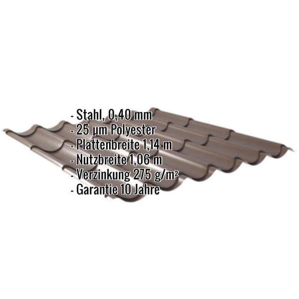 Pfannenblech 0,40 mm Stahl sepiabraun, mit eingeblendeten Eckdaten zu Material, Beschichtung und Massen
