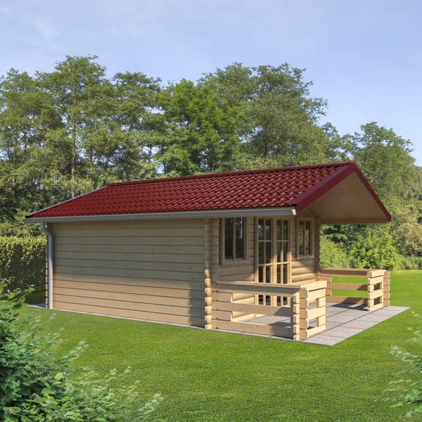 Pfannenblech 2/1060 weinrot auf einem Gartenhaus mit Terrasse, Verlegung am Dach