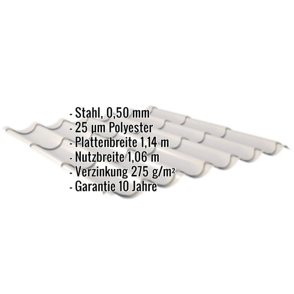 Pfannenblech 2/1060 Lichtgrau RAL 7035, 0,50 mm Stahl, mit eingeblendeten Produktdaten