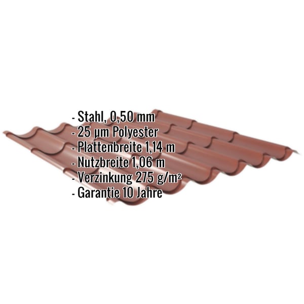 Pfannenblech 2/1060 rotbraun, Stahl 0,50 mm, Polyester 25 µm, mit eingeblendeten Eckdaten