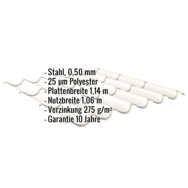 Pfannenblech 2/1060 Reinweiß, Stahl 0,50 mm, Polyester 25 µm, mit eingeblendeten Eckdaten