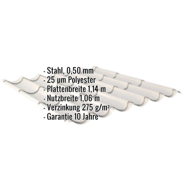 Pfannenblech Grauweiß RAL 9002 mit eingeblendeten Eckdaten zu Material, Stärke, Beschichtung und Garantie
