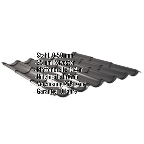 Pfannenblech 2/1060 Tiefschwarz, Stahl 0,50 mm, mit eingeblendeten technischen Daten und Garantiehinweis