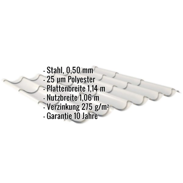 Pfannenblech 2/1060 Weißaluminium mit eingeblendeten technischen Daten und Garantiehinweis