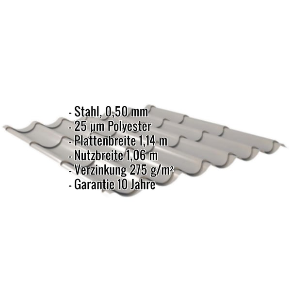 Pfannenblech Graualuminium mit eingeblendeten Eckdaten: Stahl 0,50 mm, 25 µm Polyester, Plattenbreite 1,14 m, Nutzbreite