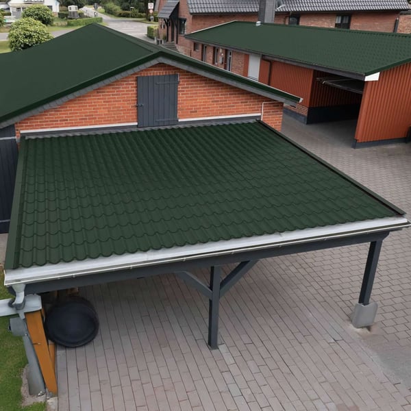 Carport mit Dach aus moosgrünem Pfannenblech 2/1060, Weckman Stahl 0,50 mm