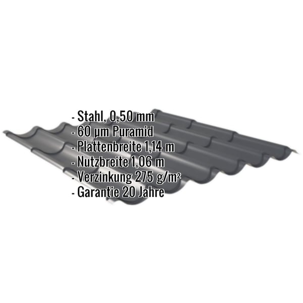 Pfannenblech 2/1060 Anthrazitgrau mit eingeblendeten Eckdaten: Stahl, 0,50 mm, 60 µm Puramid, Plattenbreite, Nutzbreite,
