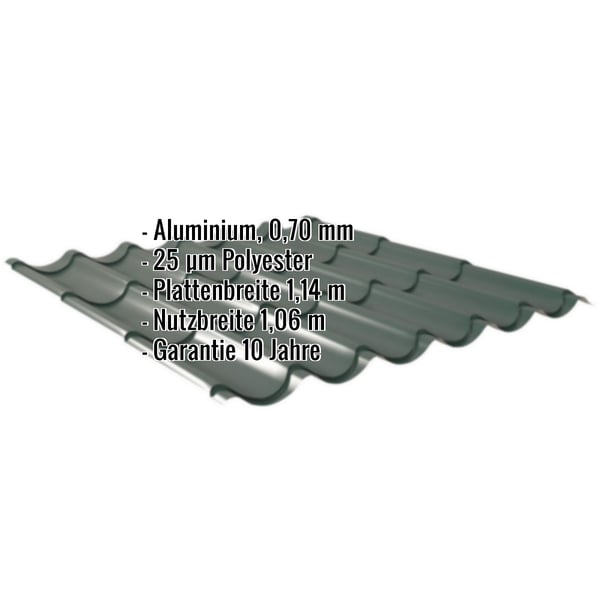 Pfannenblech 2/1060 Aluminium 0,70 mm Moosgrün mit eingeblendeten Eckdaten