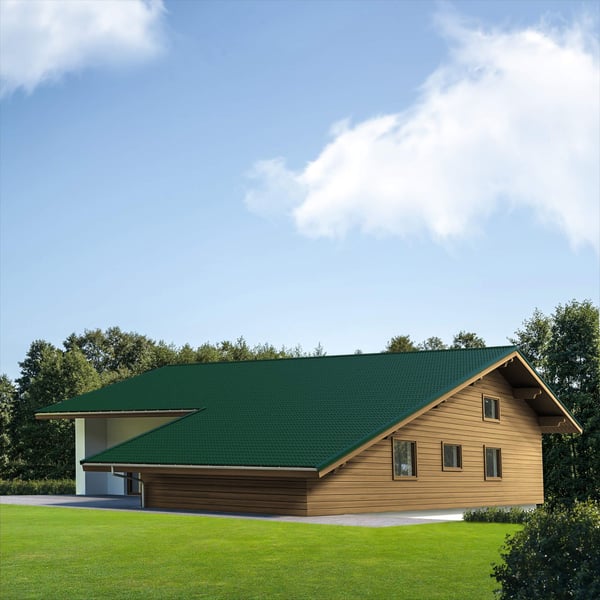 Haus mit Dach aus moosgrünem Pfannenblech 2/1060 Aluminium 0,70 mm