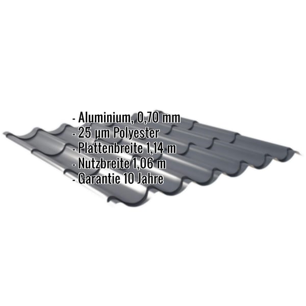 Pfannenblech Aluminium Anthrazitgrau, 0,70 mm, mit eingeblendeten Eckdaten zu Material, Staerke und Breite
