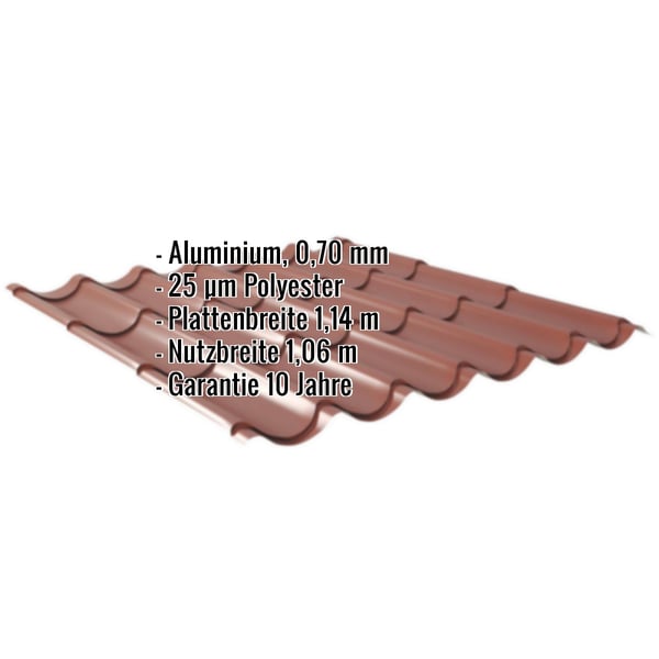 Pfannenblech 2/1060 Aluminium 0,70 mm Rotbraun, mit eingeblendeten Eckdaten