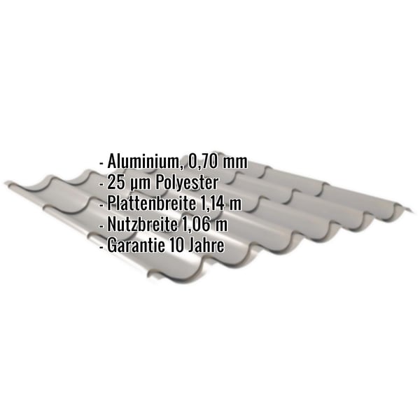 Pfannenblech 2/1060 Graualuminium mit eingeblendeten Eckdaten zu Material, Staerke, Breite und Garantie