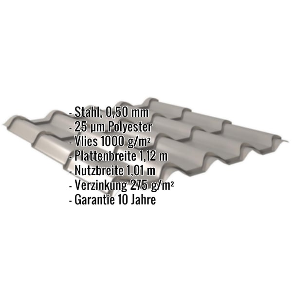 Pfannenblech EUROPA Graualuminium mit eingeblendeten Eckdaten zu Material, Staerke, Beschichtung und Massen