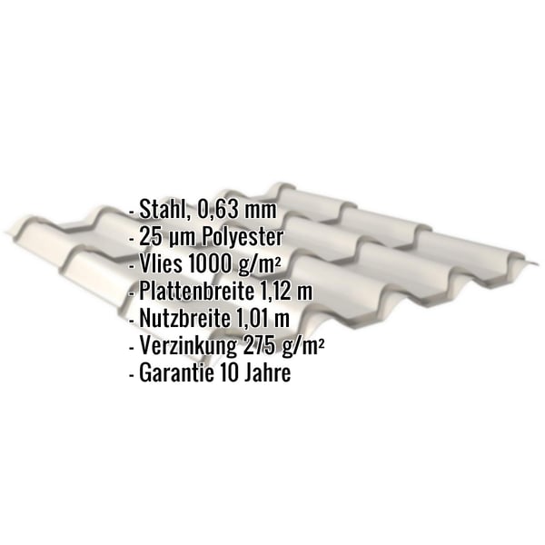 Pfannenblech EUROPA Weißaluminium, Infografik mit Eckdaten zu Material, Stärke, Beschichtung und Maßen
