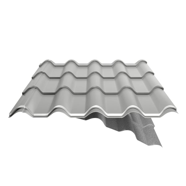 Pfannenblech EUROPA in Weißaluminium (RAL 9006) mit teilweise abgezogenem Anti-Tropf-Vlies, Schnittansicht