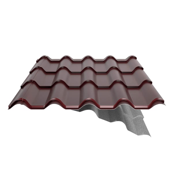 Schnittansicht Pfannenblech EUROPA weinrot, 0,50 mm Stahl, mit abgelöstem Anti-Tropf Vlies