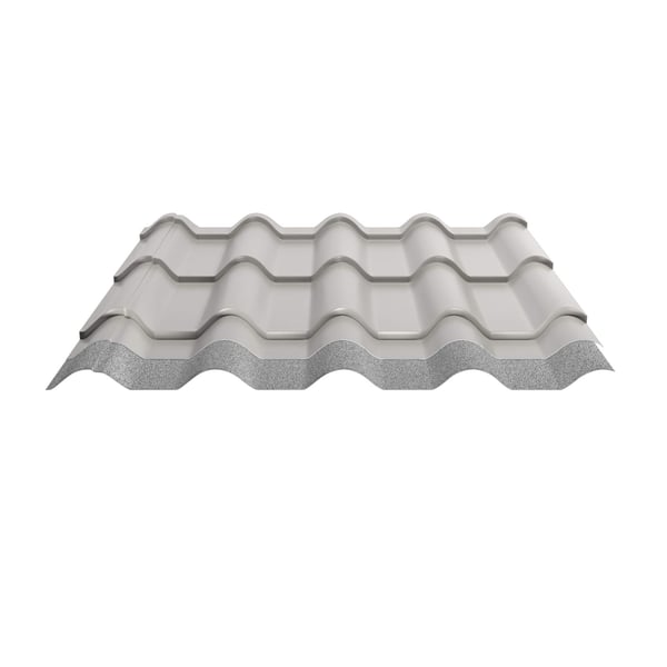 Pfannenblech Europa Grauweiß, Stahl 0,63 mm, Polyester 25 µm, mit Vliesbeschichtung Unterseite