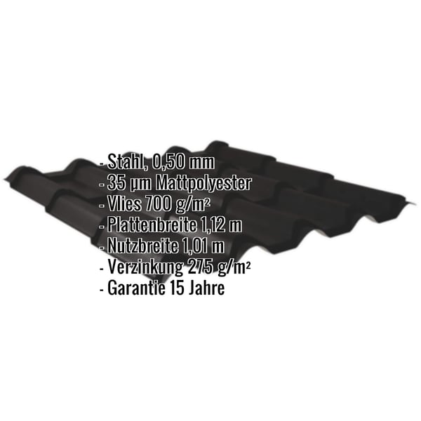 Pfannenblech EUROPA schwarz, 0,50 mm Stahl mit 35 µm Mattpolyester, Eckdaten eingeblendet