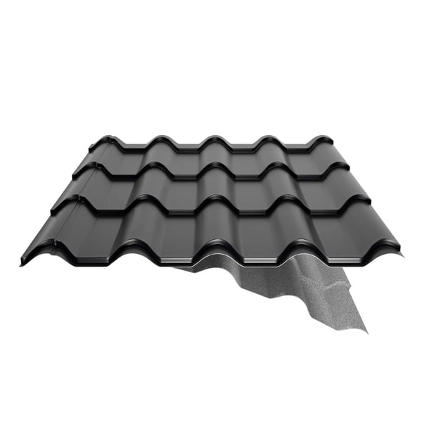 Schnittansicht Pfannenblech EUROPA schwarz, 0,50 mm Stahl mit Anti-Tropf-Vlies, Detail