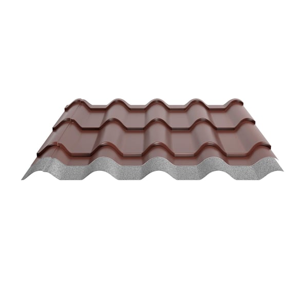 Pfannenblech EUROPA rotbraun, 0,70 mm Aluminium, Schnittansicht mit Vliesbeschichtung