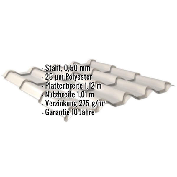 Pfannenblech EUROPA Lichtgrau, 0,50 mm Stahl, mit eingeblendeten Eckdaten zu Material, Beschichtung und Massen