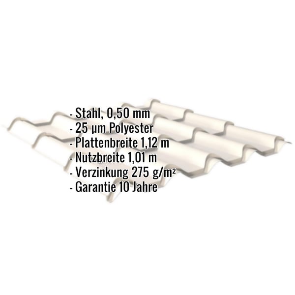 Pfannenblech EUROPA Reinweiß, 0,50 mm Stahl, 25 µm Polyester Beschichtung, wichtigste Eckdaten eingeblendet