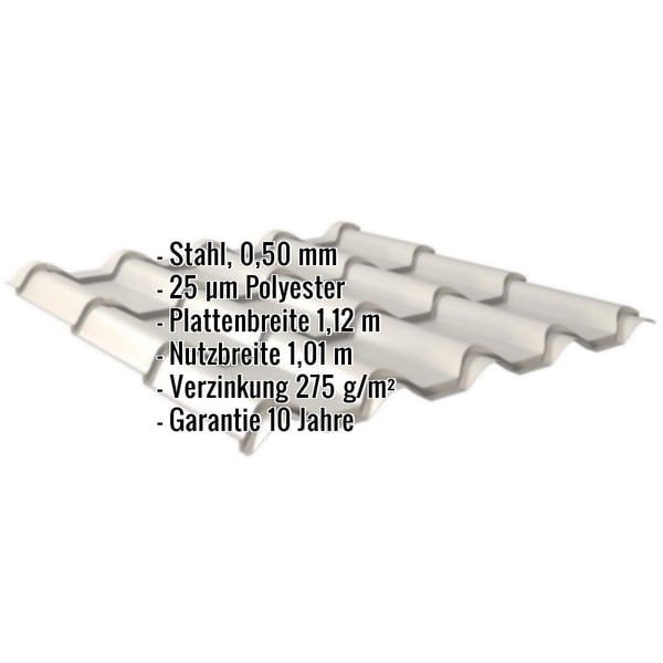Pfannenblech EUROPA Weißaluminium (RAL 9006) mit eingeblendeten Eckdaten zu Material, Stärke und Beschichtung