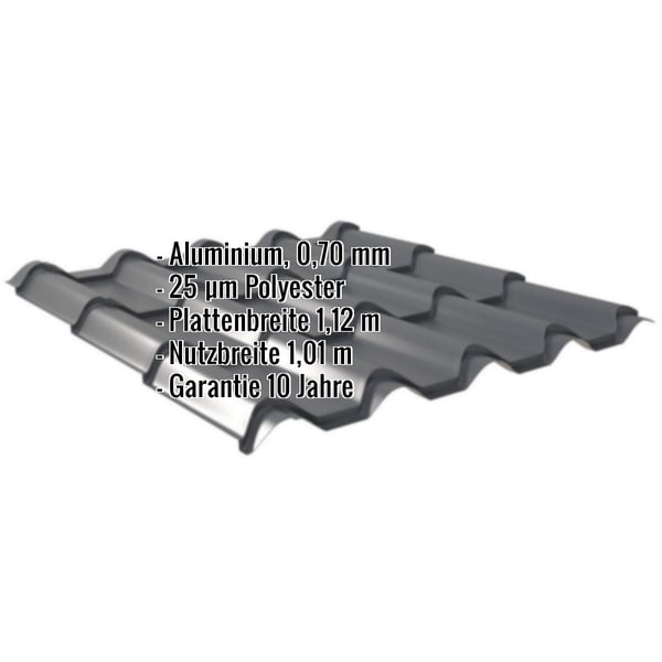 Pfannenblech EUROPA Aluminium 0,70 mm Anthrazitgrau mit eingeblendeten Eckdaten