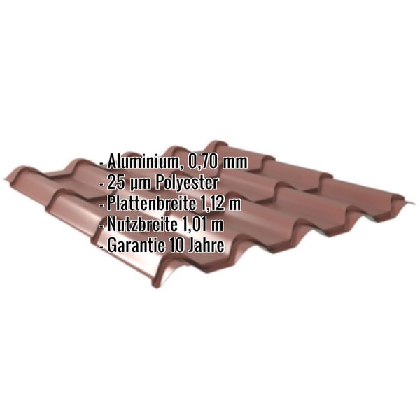 Pfannenblech EUROPA rotbraun, Aluminium 0,70 mm, 25 µm Polyester, mit eingeblendeten Eckdaten
