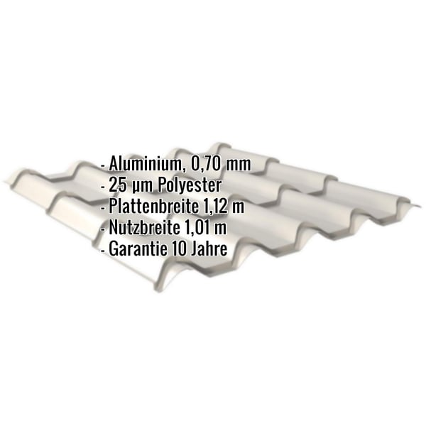 Pfannenblech EUROPA Weißaluminium, 0,70 mm, mit Eckdaten Aluminium, 25 µm Polyester, Plattenbreite, Nutzbreite, Garantie