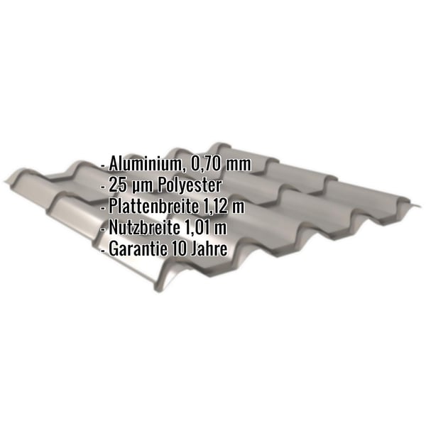 Pfannenblech EUROPA Graualuminium, 0,70 mm, mit eingeblendeten Eckdaten zu Material, Beschichtung und Massen