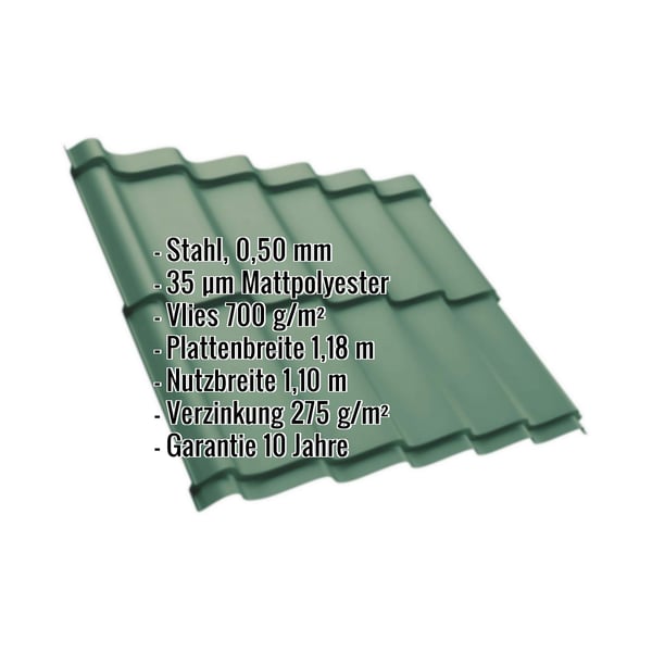 Pfannenblech Szafir 350/15 Moosgrün, Stahl 0,50 mm, mit eingeblendeten Eckdaten
