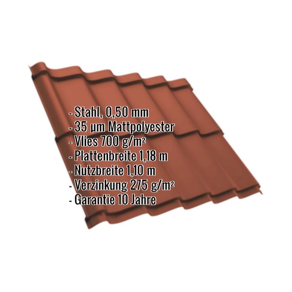 Pfannenblech Szafir 350/15 Ziegelrot, 0,50 mm Stahl, Mattpolyester, mit eingeblendeten technischen Daten