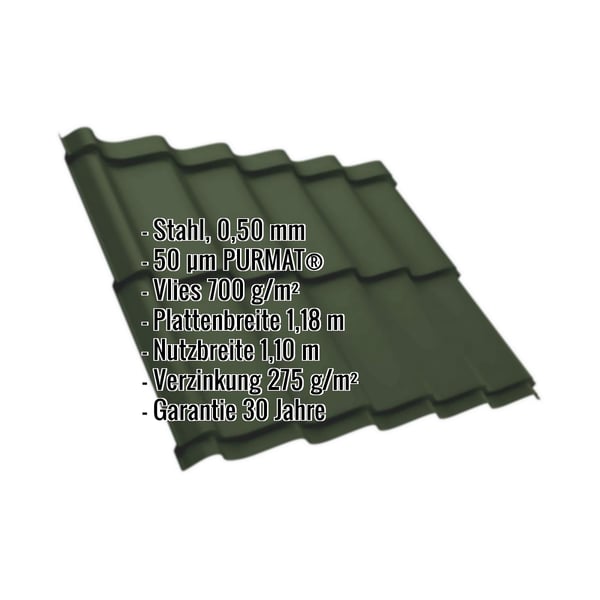 Pfannenblech Szafir 350/15, Stahl 0,50 mm, gruen RAL 6010, mit eingeblendeten Eckdaten