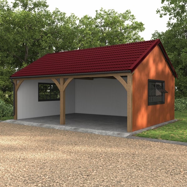 Carport mit weinrotem Pfannenblech Szafir 350/15 Dach, Holzkonstruktion und weissen Waenden