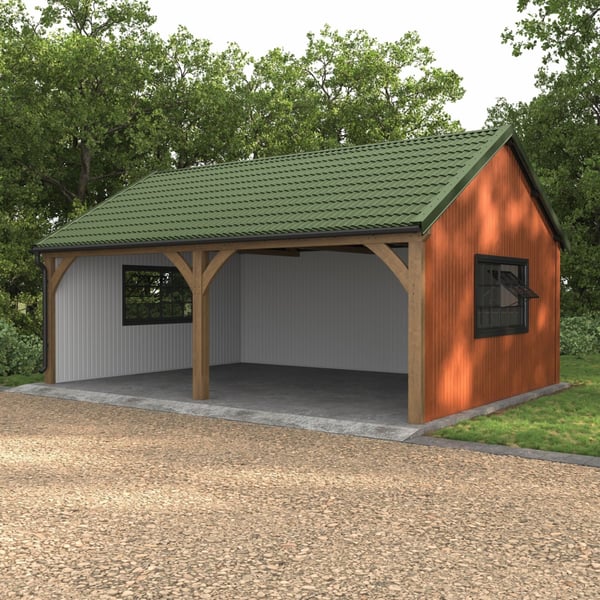 Verlegung des Pfannenblechs Szafir 350/15 Resedagrün auf einem Carport mit Holzkonstruktion