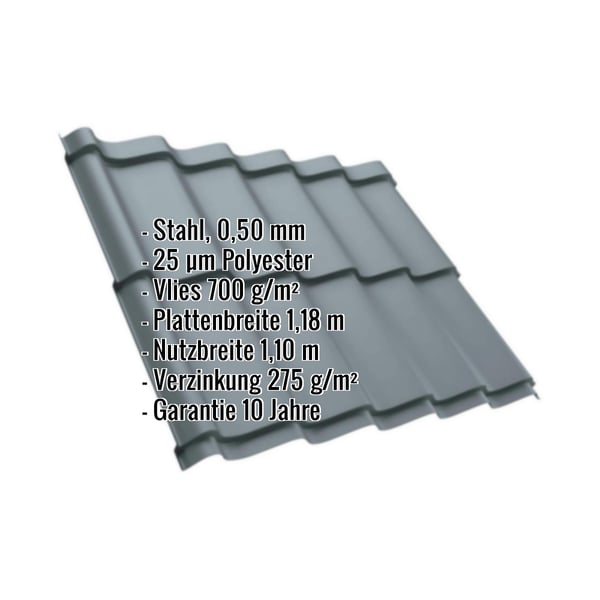 Pfannenblech Szafir 350/15, Fehgrau RAL 7000, 0,50 mm Stahl, mit eingeblendeten Eckdaten