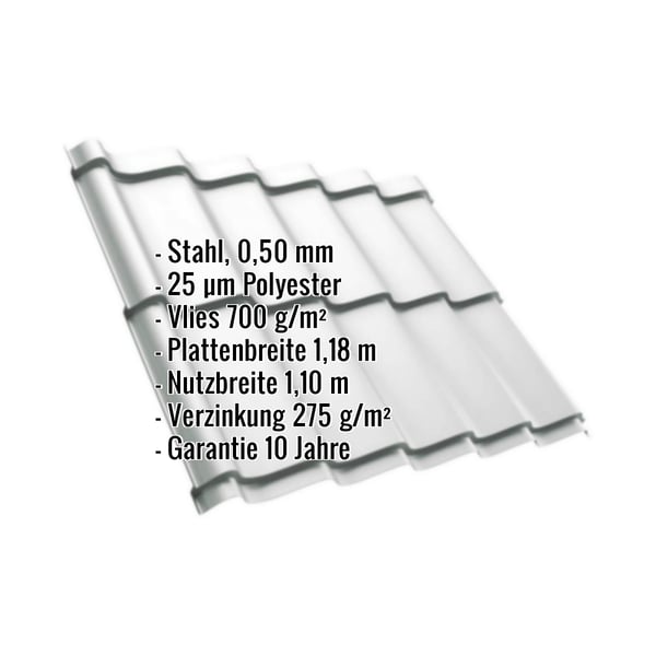 Pfannenblech Szafir 350/15 Lichtgrau RAL 7035 mit eingeblendeten technischen Daten