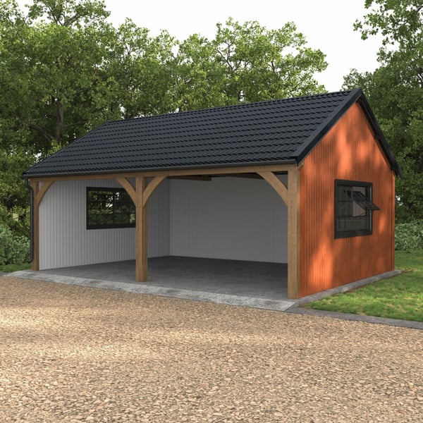 Pfannenblech Szafir 350/15 anthrazitgrau auf einem Carport mit Holzkonstruktion und weisser Seitenwand