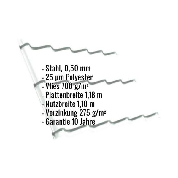Pfannenblech Szafir 350/15, Reinweiß RAL 9010, mit eingeblendeten technischen Eckdaten