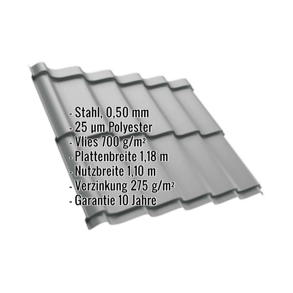 Pfannenblech Szafir 350/15 Weißaluminium, 0,50 mm Stahl, mit eingeblendeten Eckdaten und Garantiehinweis