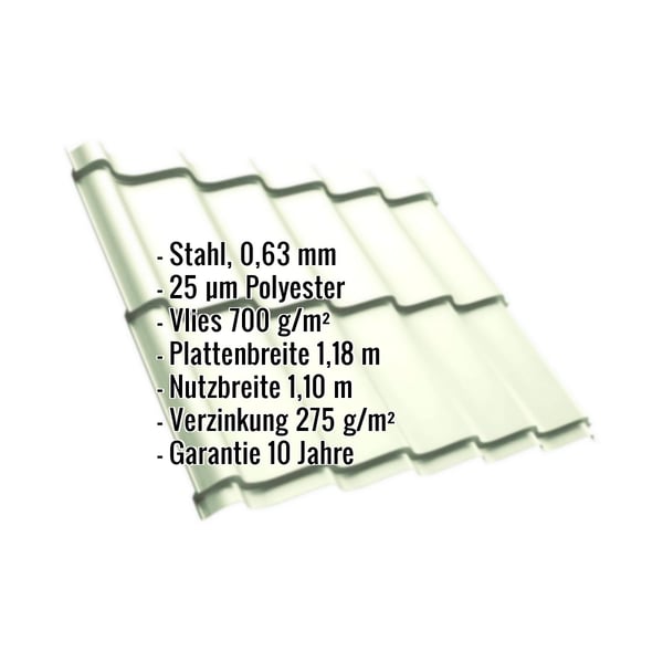 Pfannenblech Szafir 350/15, Grauweiß RAL 9002, mit eingeblendeten Eckdaten zu Material und Maßen