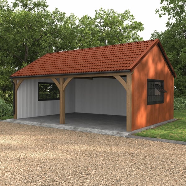 Ziegelrotes Pfannenblech Szafir 350/15 auf einem Carport mit Holzkonstruktion