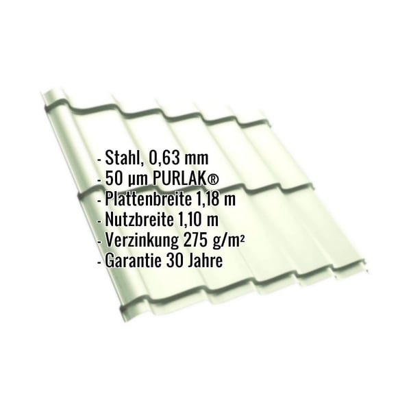 Pfannenblech Szafir 350/15 in Grauweiß (RAL 9002) mit eingeblendeten Eckdaten zu Material, Stärke und Beschichtung