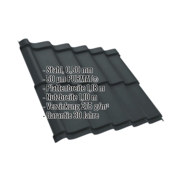 Pfannenblech Szafir 350/15 anthrazitgrau, 0,50 mm Stahl, mit eingeblendeten Eckdaten