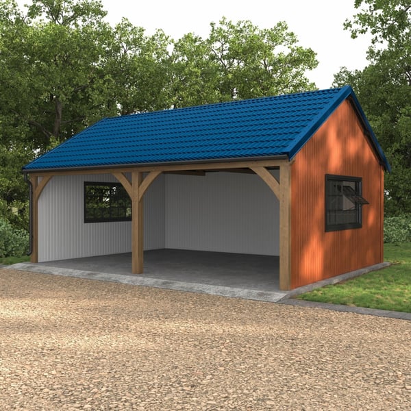 Carport mit Schuppen und enzianblauem Pfannenblech Szafir 350/15 Dach