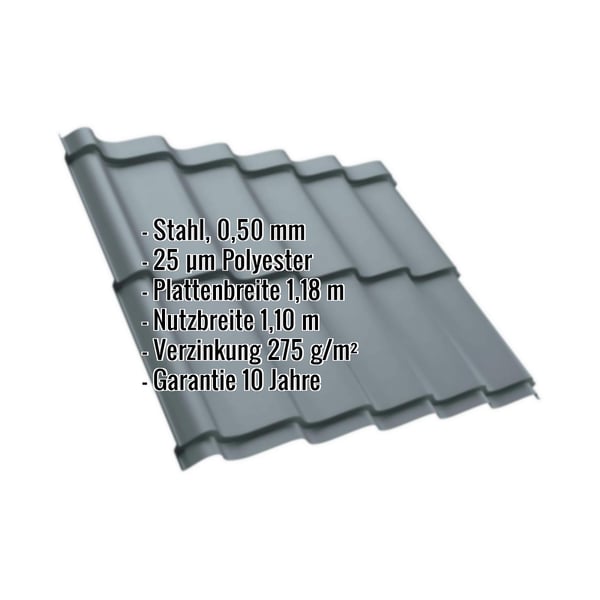 Pfannenblech Szafir 350/15 Fehgrau mit eingeblendeten Eckdaten zu Material, Staerke, Breite und Garantie