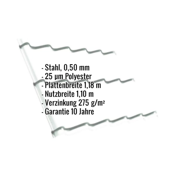 Pfannenblech Szafir 350/15, Reinweiß RAL 9010, mit eingeblendeten Eckdaten zu Material und Beschichtung