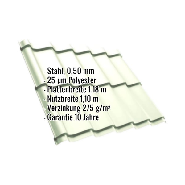 Pfannenblech Szafir 350/15, Grauweiß RAL 9002, mit eingeblendeten Eckdaten zu Material und Massen