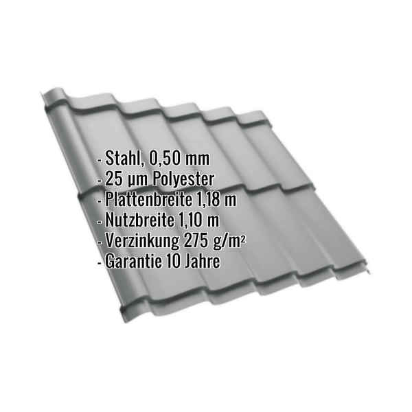 Pfannenblech Szafir 350/15, Weißaluminium, mit eingeblendeten Eckdaten zu Material, Stärke und Beschichtung